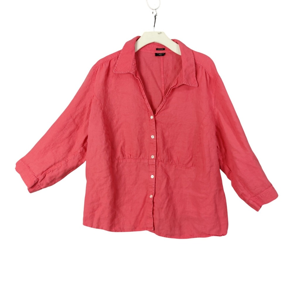 Talbots Womens Lagen Coastal Irish Linen Button Up 2X Top Coral Pink 3/4 Sleeve